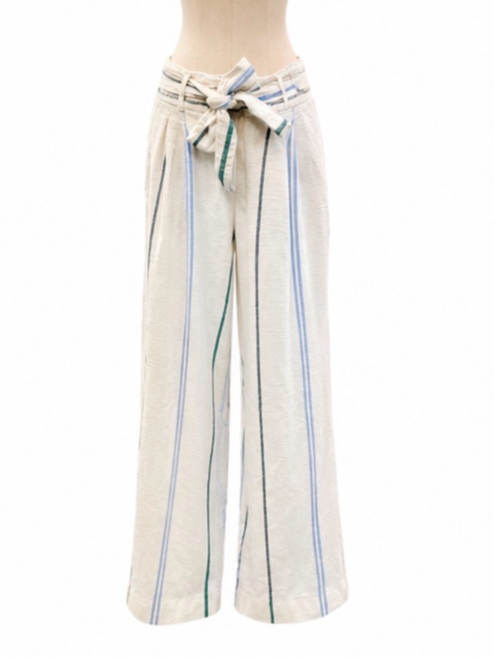 Ann Taylor Linen Blend Wide Leg Tie Waist Pants | White Multi-Stripe | Size 10